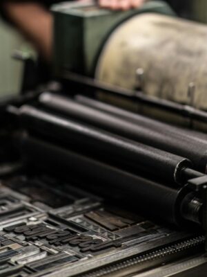 Detailed view of an industrial printing press with precise mechanics.
